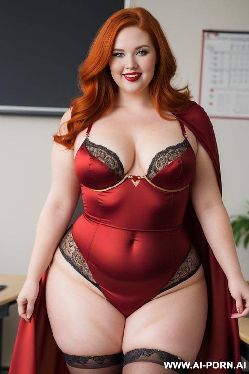 close up half body photo shot, about at classroom, chubby ((very obese)) redhead fat bbw curvy teacher, wearing a hot heroine (red and gold) suit, a flowing cape and a sleek eye mask and stocking, teaching to the classroom. - #main