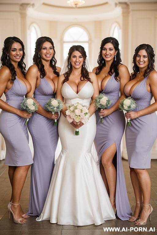 full shot of a group of tall, massive, attractive 20 year old women smiling with toned muscles, ((massive breasts)), long messy hair, at a wedding reception wearing bridesmaid dresses showing cleavage - #main