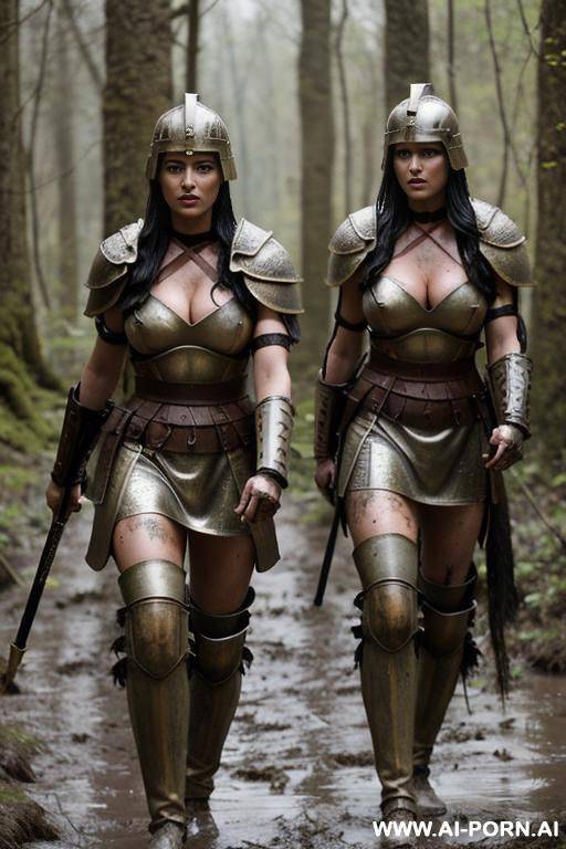 roman soldiers holding weapons walking through woods differently clothed. there is also a female centurion. all permans have roman helmets on - #main