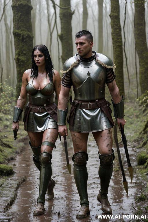 roman soldiers holding weapons walking through woods differently clothed. there is also a centurion - #main