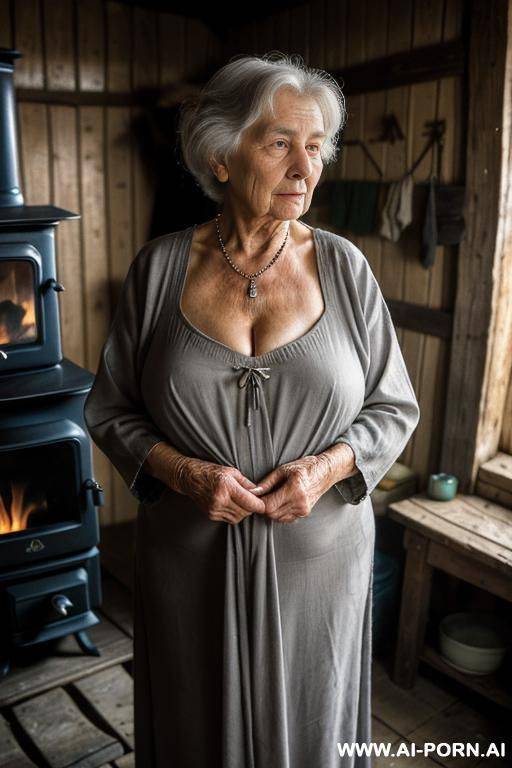 it is nighttime! a very old ukrainian village woman is quietly getting ready for bed. she is standing in dim, soft yellow light inside a modest rural hut — traditional ukrainian style, from - #main