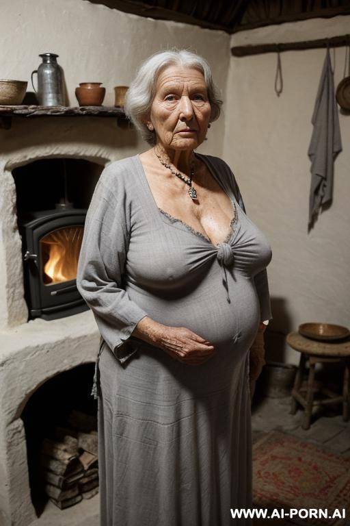(((it is nighttime!))) a very old ukrainian village woman is quietly getting ready for bed. she is standing in dim, soft yellow light inside a modest rural hut — traditional ukrainian style - #main