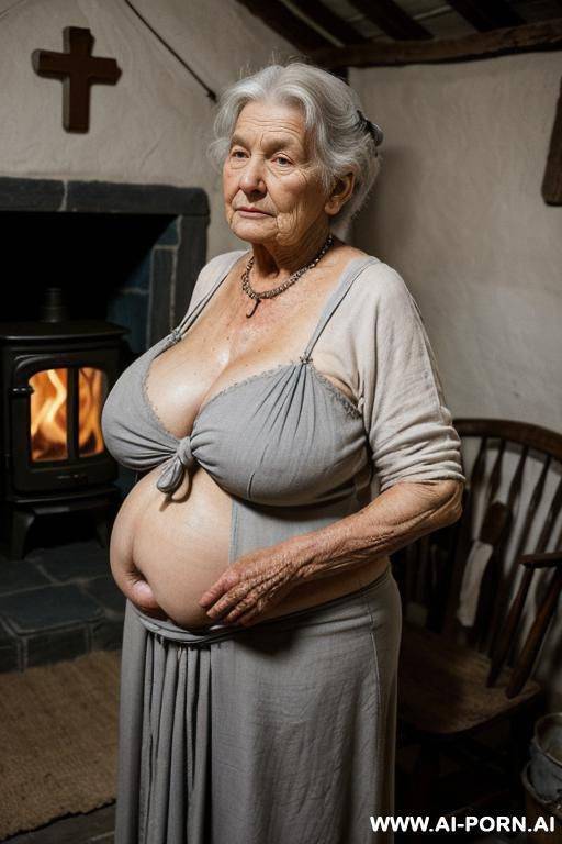 (((it is nighttime!))) a very old ukrainian village woman is quietly getting ready for bed. granny is standing in dim, soft yellow light inside a modest rural hut — traditional ukrainian style - #main