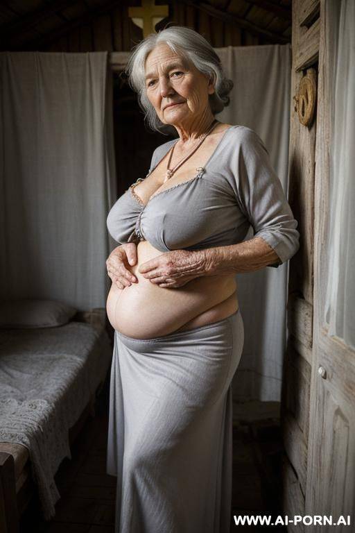 (((it is nighttime!))) a very old ukrainian village granny is standing in dim, inside a modest rural hut — traditional ukrainian style ((rural home from a time long past)). whitewashed earthen - #main