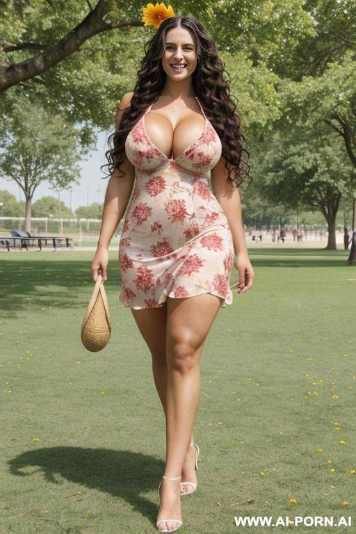tall, female football athlete, massive breasts, wide hips, smiling, ((long wavy hair)), at a park, muscular legs, wearing a flower summer dress - #main