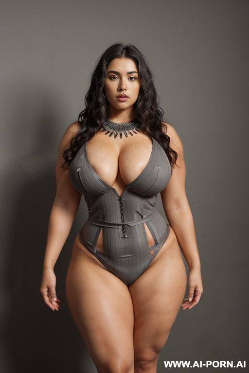 aztec goddess, grey studio background, , huge curvy hips, thick muscular thighs, waist, femi body, perfectly symmetrical breast - #main