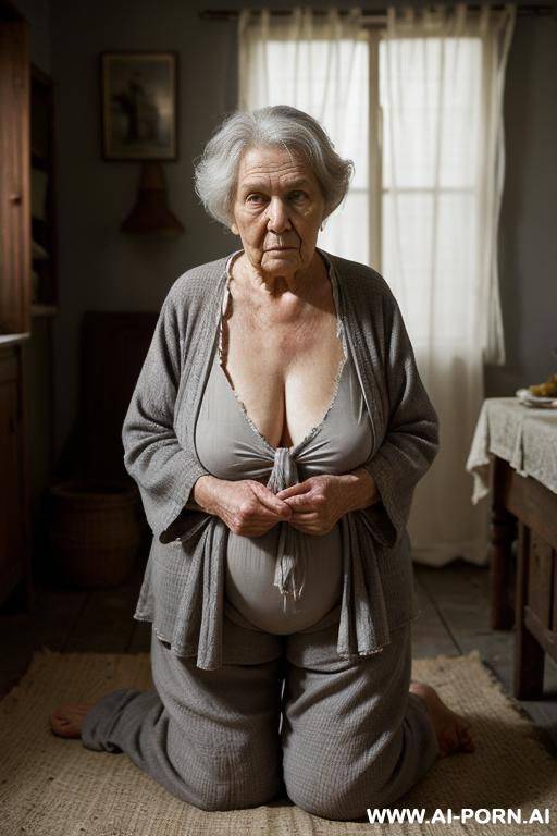 ((two people in the frame!)) inside a dimly lit rustic house at night, a man with a camera and an elderly ukrainian village granny are both clearly visible. the room is bathed in m, soft - #main