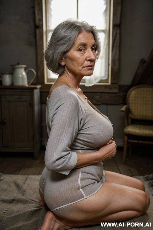 ((two!!!)) distinct people in the frame!)) in the scene, a ((male photographer!)) and an elderly ukrainian village granny are ((both!)) fully visible. the setting is a rustic, dimly lit room at - #main