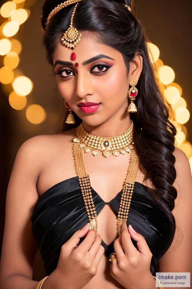 indian girl with devil horns and gold crown and jewels wearing... - #main