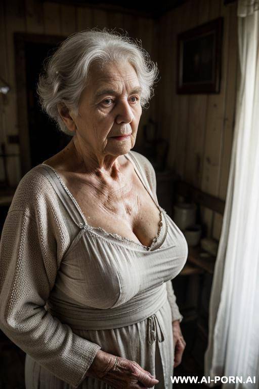 ((two distinct people in the frame!)) in the scene, a man with a camera and an elderly ukrainian village granny are both fully visible. the setting is a rustic, dimly lit room at night, - #main