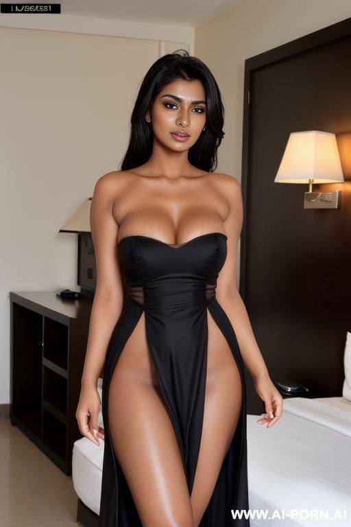 (tanned pakistani woman) (black strapless slit dress) (hotel room) (nip slip) (flash tits) - #main