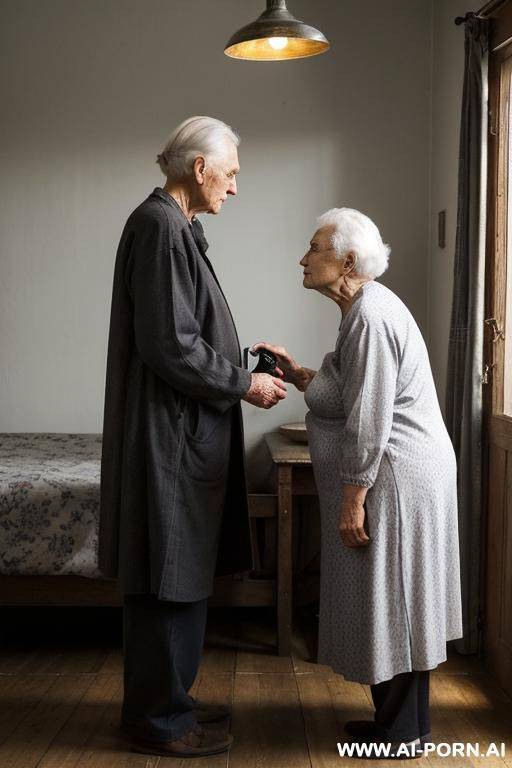 ((two!-distinct-people-in-the-frame!)). ((man!-with-a-photo-camera!)). elderly-ukrainian-village-granny. they are standing ((several-steps-apart!)). the scene takes place at night, in a rustic-room dimly-lit by - #main