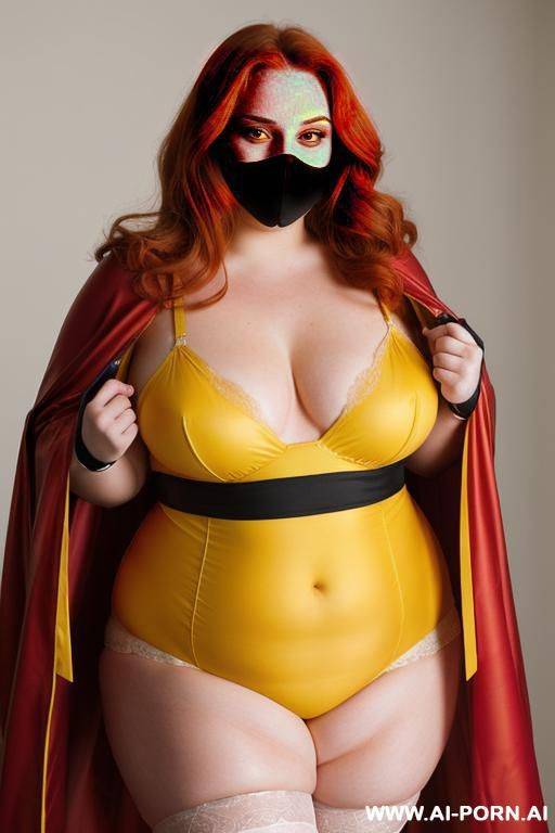 close up half body photo shot, chubby ((very obese and handlovess)) redhead fat bbw super-heroine, wearing a hot (red and yellow suit super-hero), with a flowing cape and gloves, mask, all super hot! - #main