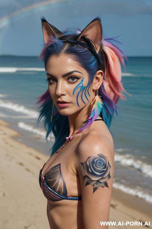 face, sexy, beautiful, ((face painting)), ((bikini as seashell)), ((tattoo roses)), ((eyes shw)), ((angel wings)), ((rainbow hair)), ((long bu hair)), ((wind)), (( cat face)), (( cat ears)), (((feather - #main