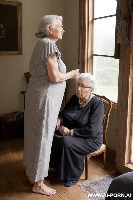((two-distinct-people-in-the-frame!)) a ((man-with-a-camera)) and an elderly-ukrainian-village-granny are ((clearly-visible-together)). the scene takes place at night, in a rustic-room dimly-lit by soft-yellow-light - #main