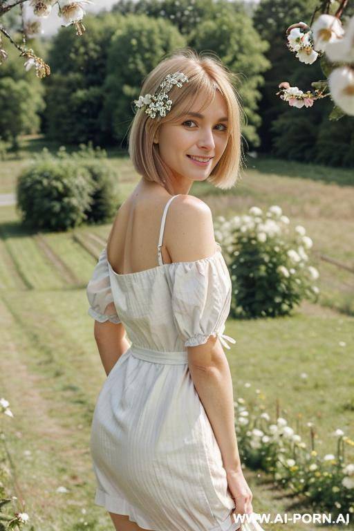 (woman looking back at viewer over her shoulder), round face, square jawline, soft inviting smile, alluring eye contact, long hair - #main