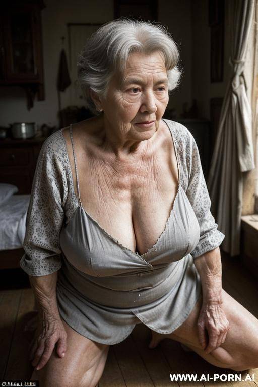 ((two people in the frame!)) inside a dimly lit rustic house at night, a man with a photo camera and an elderly ukrainian village granny are both clearly visible. the room is bathed soft - #main