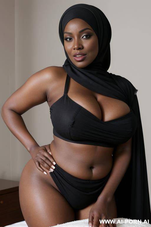 curvy black bimbo, dark skin, large gigantic massive oversized breasts, black hijab that covers her body, happy horny seductive expression, sleepy eyes, bending over - #main