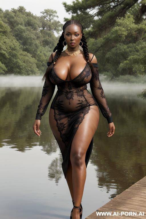 extremely beautiful black skin african woman, extremely beautiful face, perfect anatomic body, bimbo fake breast, erect nipples, perfect skin, wide hips, muscular legs, long goddess braids, loose - #main