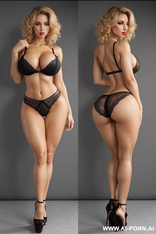 sexbot, front view, full body view, standing, flexing, seductive face, pretty face, short curly blonde hair, big lips, heavy makeup, (huge fake tits:1.3), fit body, abs, thick arms, shapely arms, - #main