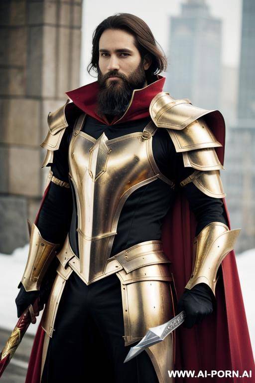 1 man, an adult wear gold armor and holding a weapon, red cape, very strong, a lot beard - #main