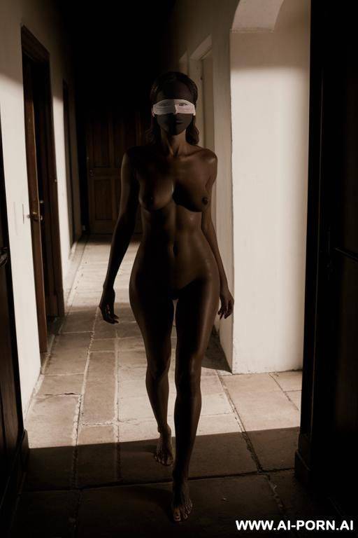 dark street, totally naked lady, barefoot, hiding, scared, full frontal view, blindfold - #main