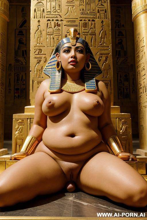 ancient egyptian chubby naked female temple servant with shaved vagina and spreaded legs is laying on a golden egyptian shrine - #main