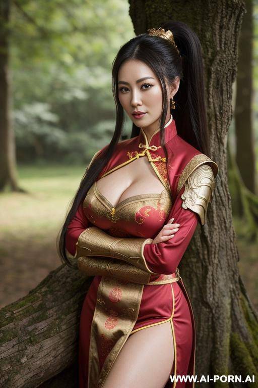 female wear medival chinese armor with her arms crossed over her chest in a confident pose, pony tail, dress clothes, a lust and beautiful face, no nude, full body photo - #main