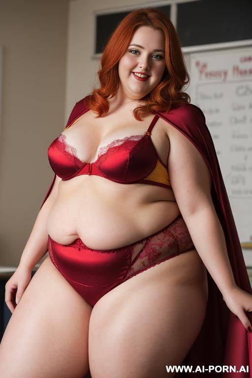 close up half body photo shot, about at classroom, chubby ((very obese and handlovess)) redhead fat bbw teacher, wearing a hot heroine (red and yellow suit), with a flowing cape and gloves, and stocking. she has powerfull eyes! - #main