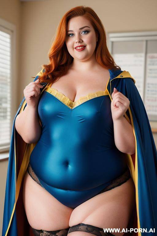 close up half body photo shot, about at classroom, chubby ((very obese and handlovess)) redhead fat bbw teacher, wearing a hot heroine (blue and yellow suit), with a flowing cape and gloves, and stocking. she has powerfull eyes! - #main