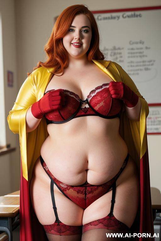close up half body photo shot, about at classroom, chubby ((very obese and handlovess)) redhead fat bbw teacher, wearing a hot heroine (red and yellow suit), with a flowing cape and gloves, and stocking. she has powerfull eyes! - #main