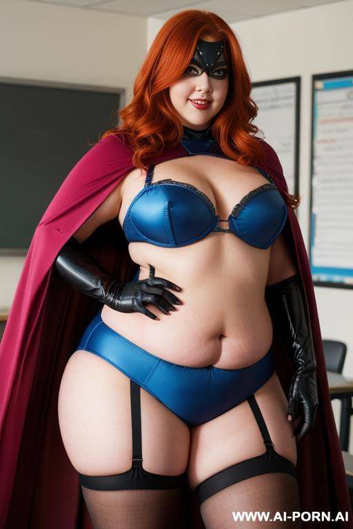 close up half body photo shot, about at classroom, chubby ((very obese and handlovess)) redhead fat bbw super-heroine comic, wearing a hot heroine (energetic colors suit), with a flowing cape and gloves, and stocking and hero-mask. she has powerfull eyes! - #main