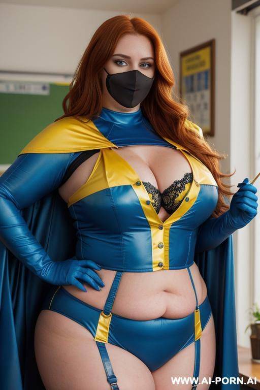 close up half body photo shot, about at classroom, chubby ((very obese and handlovess)) redhead fat bbw super-heroine comic, wearing a hot heroine (blue and yellow suit), with a flowing cape and gloves, and stocking and hero-mask. she has powerfull eyes! - #main
