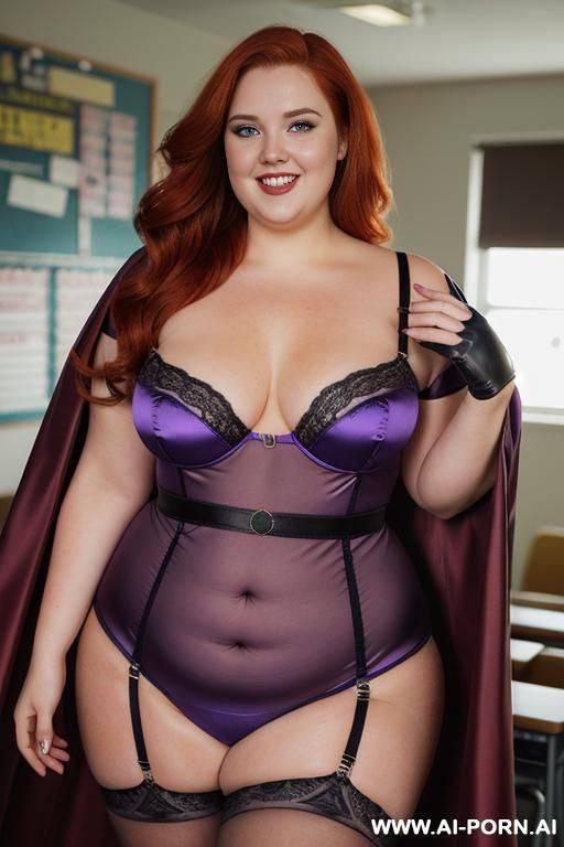 close up half body photo shot, about at classroom, chubby ((very obese and handlovess)) redhead fat bbw super-heroine comic, wearing a hot heroine (energetic colors suit), with a flowing cape and gloves, garter belt suite. she has powerfull eyes! - #main