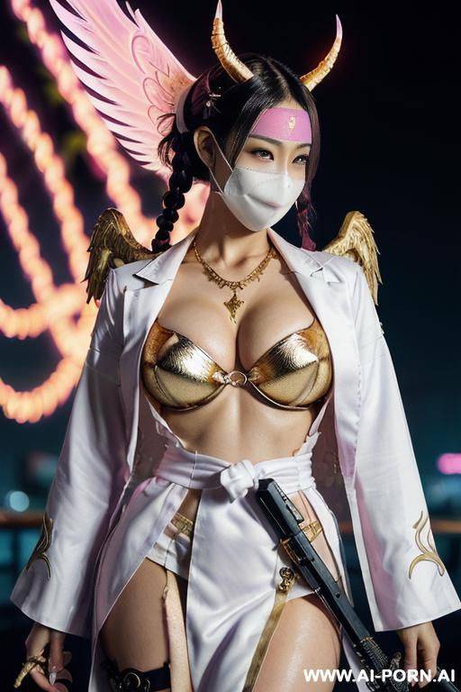 (((kawaii korean woman))), (((high quality kawaii face))), ((horns, flaming angel wings, and scorpion tail)), (short purple and white twin braided hair and updo ), ((pink heart tattoo)), ((gold - #main