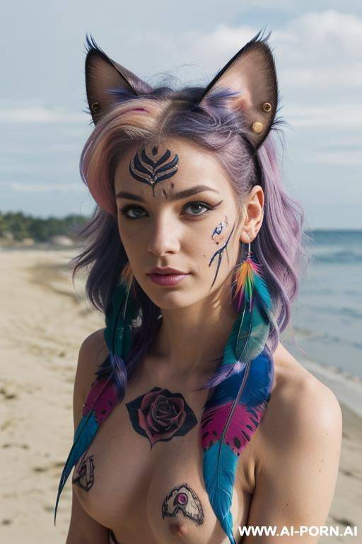 face, sexy, beautiful, ((face painting)), ((bikini as seashell)), ((tattoo roses)), ((eyes shw)), ((angel wings)), ((rainbow hair)), ((long bu hair)), ((wind)), (( cat face)), (( cat ears)), (((feather - #main
