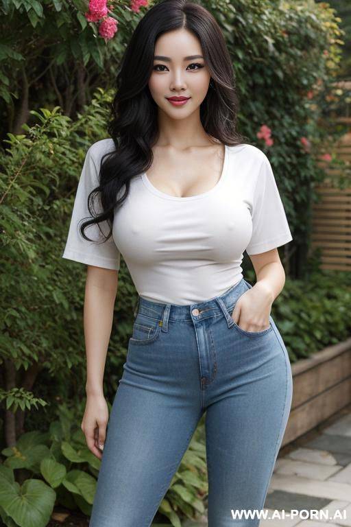realistic, beautiful, pretty face, chinese, caucasian, 30, wavy flowing hair, black hair, athletic body, white skin, natural boobs, slight smile, makeup, blusher, eye shw, standing, t shirt, jeans, garden background. - #main