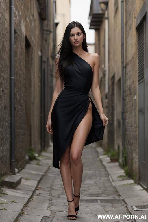 stand up, dressed in a summer short black dress, slightly lifted to reveal her pussy with wide side slits, exposes a breast, round boobs, topless, side swept hair, show pussy, (shoulder length - #main