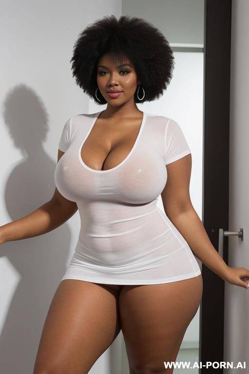 (happy seductive smirk) (bending down) (sexy black woman) ((transparent white v-neck t-shirt)) (enormous gigantic hanging tits) (perfect pokies) (deep cleavage) (big full afro) (no panties) (show pussy) - #main