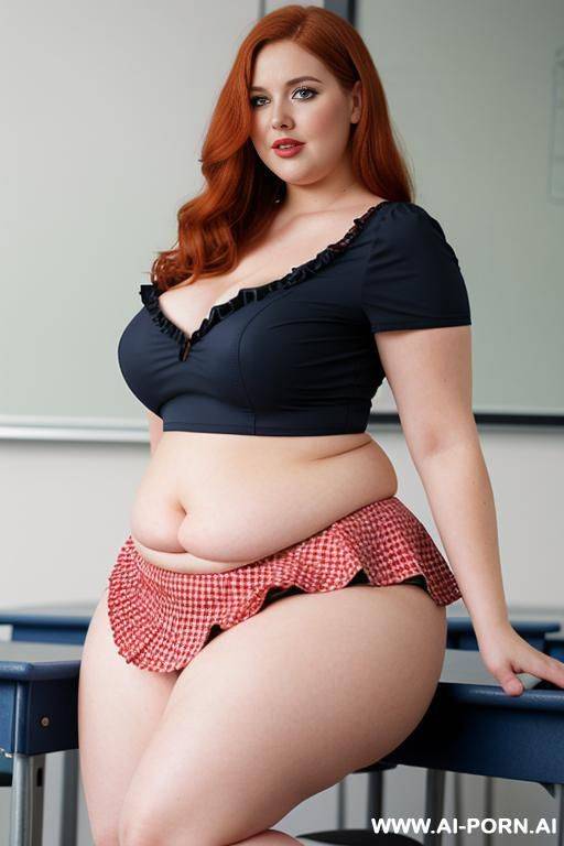 close up full body photo shot, about at classroom, chubby very ((very obese)) redhead fat bbw curvy teacher, wearing a sexy and hot micro ruffle leather skirt, and elegant top, teaching to the classroom. ((dynamic angle)), perfect face - #main