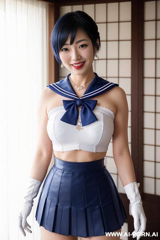 a japanese woman wear necklace, sailor uniform, gloves, sailor collar, white gloves, blue skirt, earrings, blue sailor collar, elry, blue necklace, elbow gloves, short hair, bow, pleated skirt, knee boots, - #main