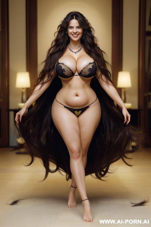 (((extremely long messy hair))), huge fake tits, thick arms, shapely arms, ((massive fat breasts)), smiling, necklace, sitting, wearing a yellow kimono - #main
