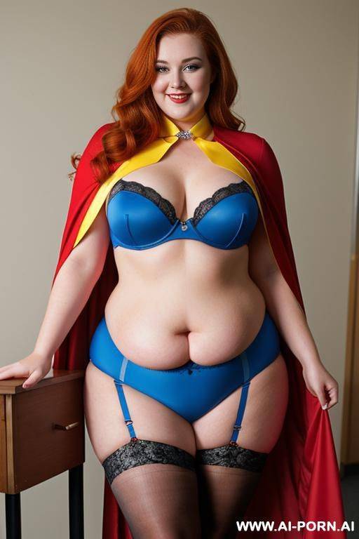 close up half body photo shot, about at classroom, chubby ((very obese and handlovess)) redhead fat bbw teacher, wearing a hot heroine (red, blue and yellow suit), with a flowing cape and and stocking. - #main