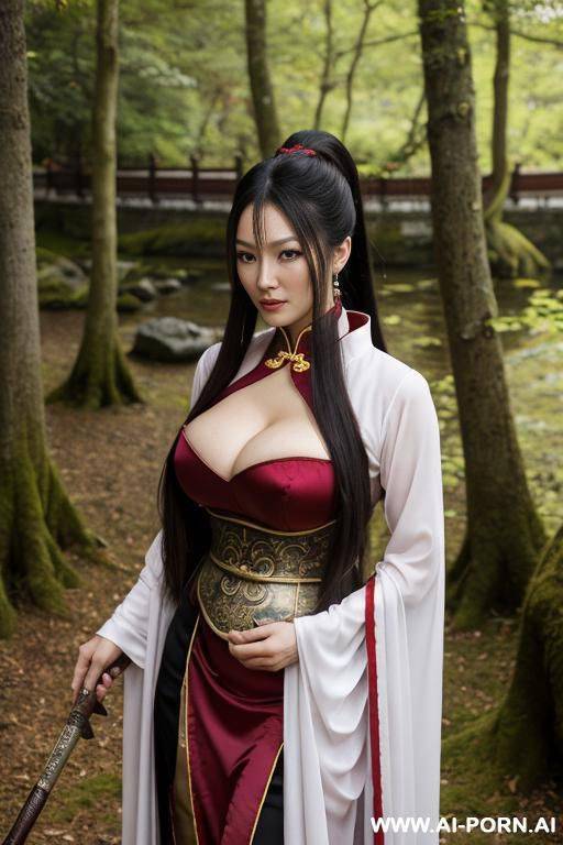 has weapon, medival chinese armor, pony tail, dress clothes, a lust and beautiful face, no nude, full body photo, a confident face - #main