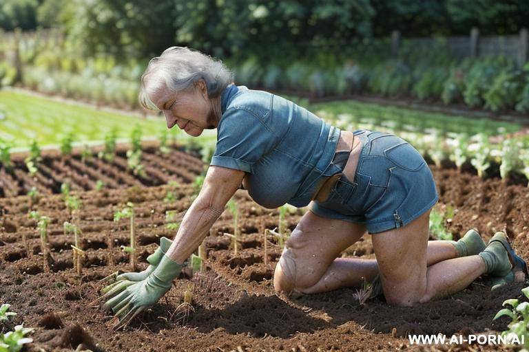((((((old woman kneeling in the garden, planting seedlings!)))))). (((she is dressed only in denim shorts!))) (((naked to the waist!))), (((full body visible!!!))). (((landscape frame!!!))), (((side view - #main