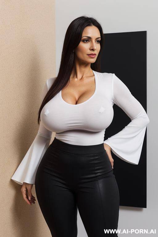 white v-neck t-shirt, tight clothes, tight sleeves, trousers, middle eastern - #main