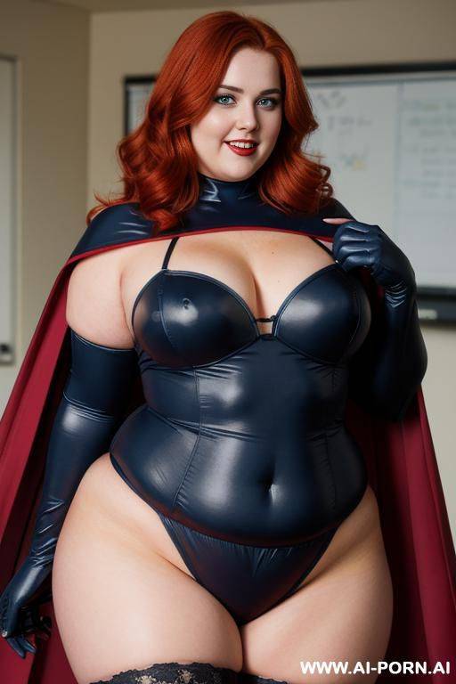 close up half body photo shot, about at classroom, chubby ((very obese and handlovess)) redhead fat bbw super-heroine comic, wearing a hot heroine (electric colors suit), with a flowing cape and gloves, and stocking and hero-mask. she has powerfull eyes! - #main
