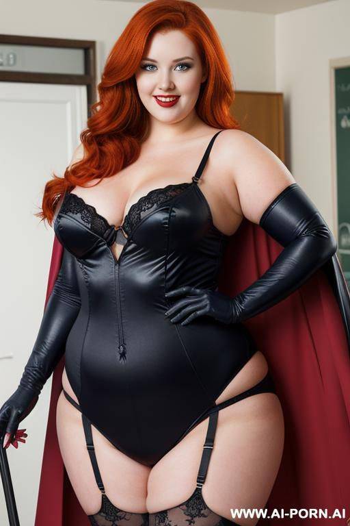 close up half body photo shot, about at classroom, chubby ((very obese and handlovess)) redhead fat bbw super-heroine comic, wearing a hot heroine (energetic colors suit), with a flowing cape and gloves, and stocking and hero-mask. she has powerfull eyes! - #main