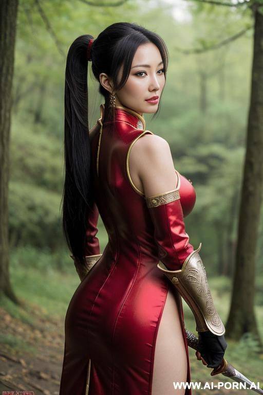 has weapon, medival chinese fighter, cool red armor, pony tail, dress clothes, a lust and beautiful face, no nude, full body photo, a confident face, view from behind - #main