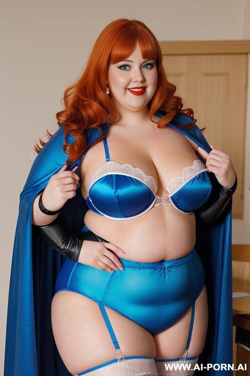close up half body photo shot, about at classroom, chubby ((very obese and handlovess)) fat bbw super-heroine comic, wearing a hot heroine (electric and luminous colors suit), with a flowing cape and gloves, and stocking. - #main